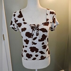 Rue 21 Women's Size Medium Brown and White Cow Print Long Crop Short-Sleeve Top